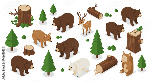 Isometric forest animals: bears, deer, and trees in nature