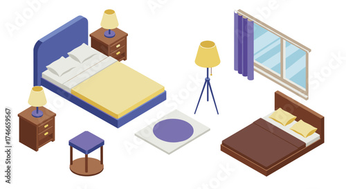 Isometric bedroom furnishings with beds, lamps, and curtains in modern style