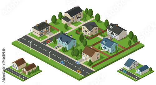 Charming suburban neighborhood with isometric buildings and lush greenery