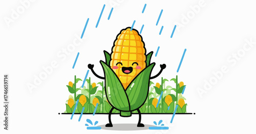Delightful Corn Character Dances Joyfully in the Rain, Spreading Happiness and Cheer