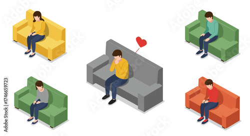 Isometric sadness: people sitting on colorful couches with heart symbol