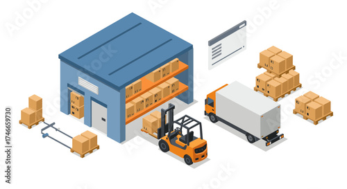 Isometric warehouse scene with forklift and delivery truck in blue and orange tones