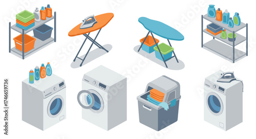 Modern laundry room setup with washers, ironing boards, and storage solutions