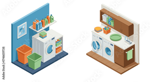 Modern isometric laundry room design with appliances and storage solutions