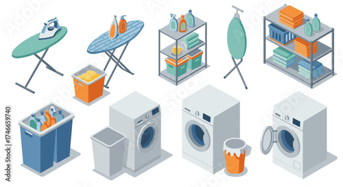Isometric laundry room essentials with washing machines and ironing board