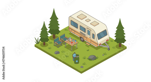 Camper van in forest campsite isometric design with camping gear