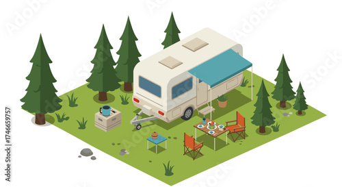 Isometric camping scene with trailer and outdoor setup in forest clearing