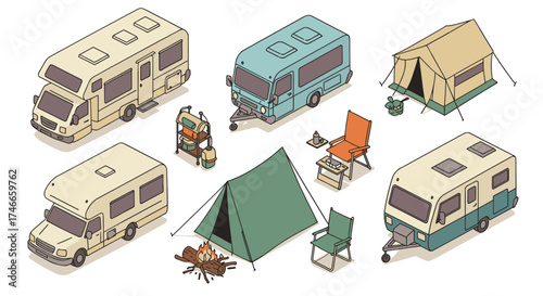 Isometric camping scene with rvs, tents, and outdoor gear
