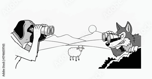 Cartoon dog and wolf spying on sheep with binoculars, monochrome animal rivalry