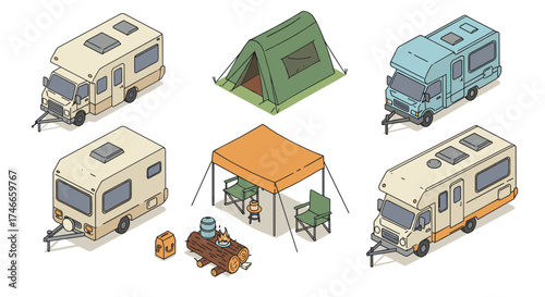 Isometric camping vehicles and gear set: caravans, tent, and outdoor setup