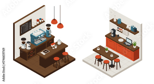 Cozy isometric cafe interior with modern furniture and equipment