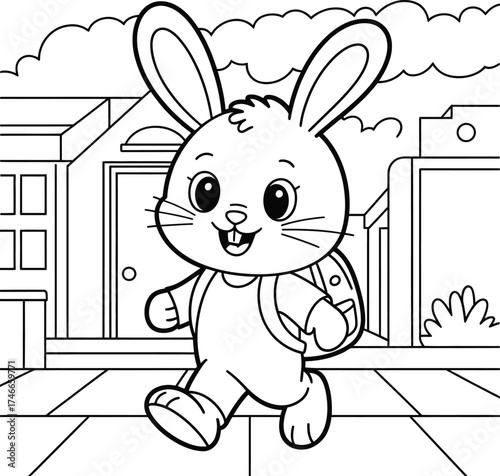 Cute bear cub with school bag waving goodbye to parents isolated on transparent background