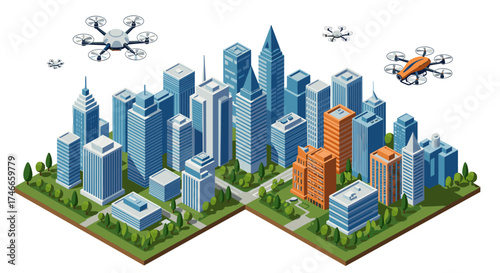 Futuristic isometric cityscape with drones flying over skyscrapers and green spaces