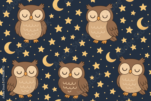 Cute sleeping owls and crescent moons scattered across a starry night sky seamless pattern