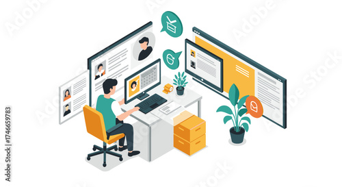 Remote work concept with employee at home office in isometric design