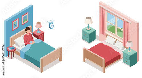 Cozy bedroom setup with isometric perspective and morning light