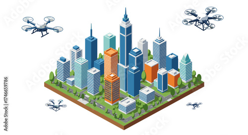Futuristic cityscape with drones in isometric design