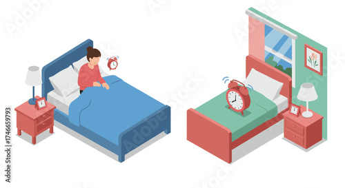 Isometric morning routine: woman waking up with alarm clock in cozy bedroom scene