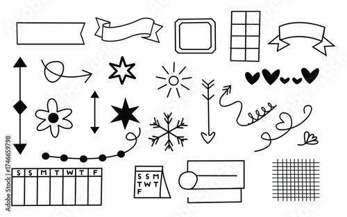 Minimal hand drawn doodle set, Outline decorative vector elements, Simple arrow and star icon collection
