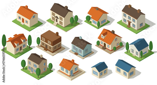 Charming isometric houses set with various roof styles and colors
