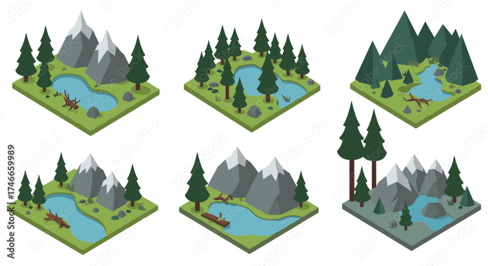 Obraz premium Isometric forest landscapes with mountains and lakes in 3d style