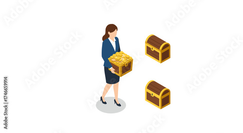 Businesswoman carrying gold coins with treasure chests in isometric style