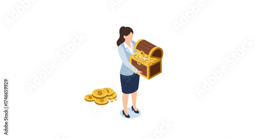 Woman holding treasure chest of coins in isometric style