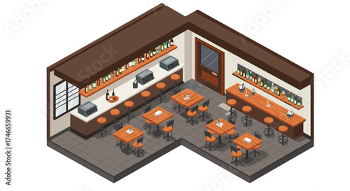 Cozy isometric cafe interior with wooden furniture and modern decor
