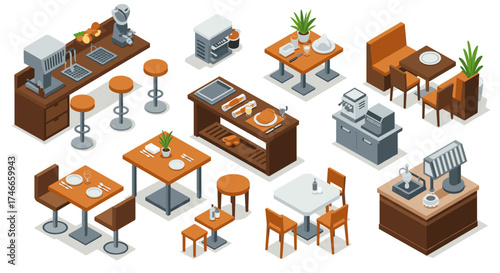 Modern isometric coffee shop interior: tables, chairs, and bar counters