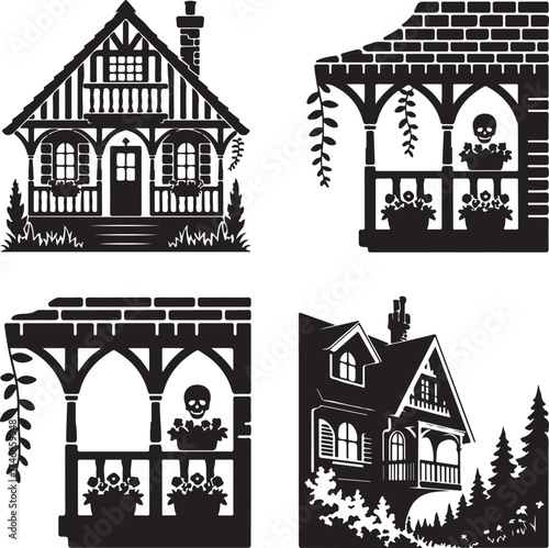 Vintage Houses and Haunted Mansions in Black and White Silhouette Style Vector Illustration for Halloween Design and Architectural Inspirations