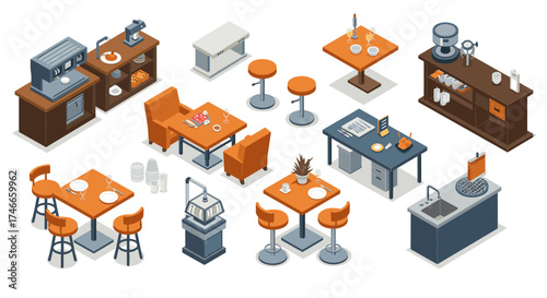 Modern isometric cafe interior design with furniture and appliances