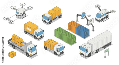 Isometric logistics and delivery: drones, trucks, and containers in warehouse scene