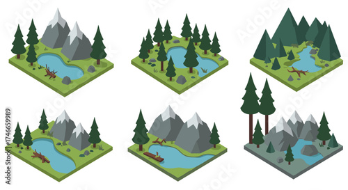Isometric forest landscapes with mountains and lakes in 3d style