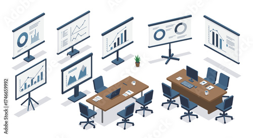 Isometric office meeting room with presentation charts and graphs