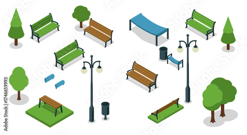 Isometric public park elements with benches, trees, and street lamps
