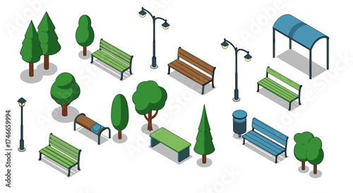 Isometric park elements collection featuring benches, trees, and lamp posts