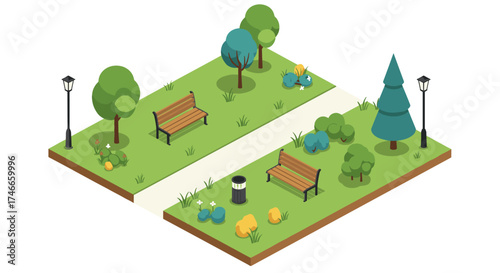Isometric park scene with benches, trees, and pathway