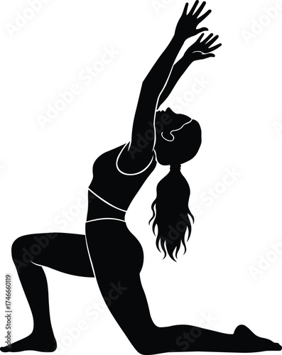 Graceful woman in yoga pose silhouette performing warrior i ardha ashwa sanchalanasana