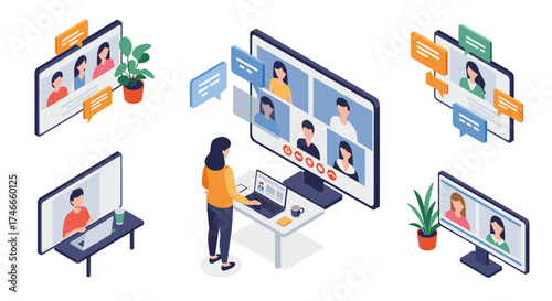 Virtual meeting isometric design with participants and chat bubbles