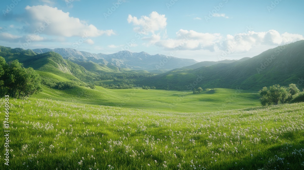 Fototapeta premium Sunny valley meadow, mountain backdrop, idyllic landscape, travel poster