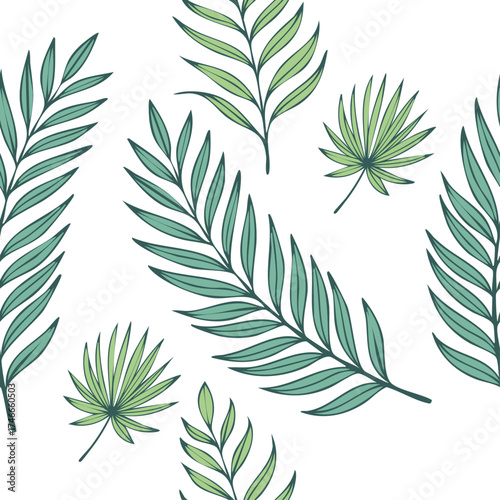 Seamless vector pattern of stylized tropical leaves in green tones. Ideal for textile design, nature themes, summer prints, eco branding, and botanical-inspired visuals.