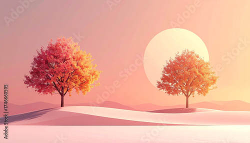 Horizontal Minimalist Autumn Abstract Landscape: Orange Trees, Sand Dunes, and Negative Space in Pastel Tones 