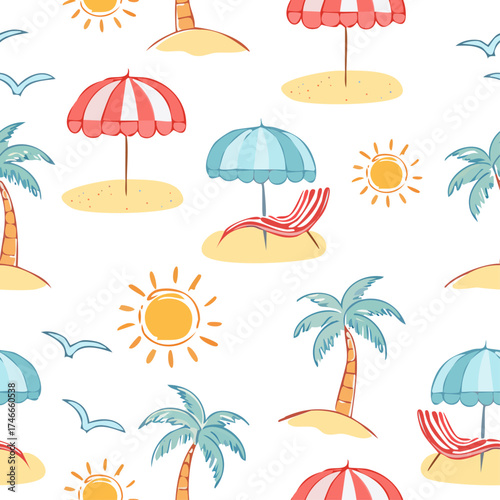 Seamless vector pattern of beach-themed elements in playful style. Ideal for summer designs, vacation branding, tropical prints, and travel-inspired creative projects.