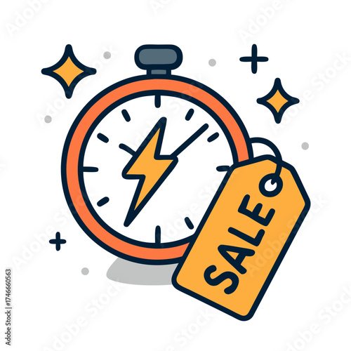 Digital e-commerce marketing and sale concept, showing a stopwatch with a lightning bolt and a sale tag, representing urgency and time-sensitive offers in online business
