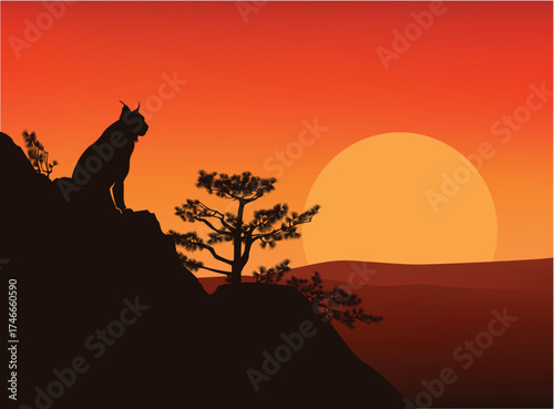 lynx cat sitting on high cliff slope at sunset - vector silhouette landscape with dramatic wilderness scene and wild animal