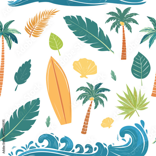 Seamless vector pattern of tropical beach elements. Perfect for summer designs, surf-themed prints, vacation branding, and nature-inspired textile or packaging projects.
