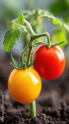 Close up of red and yellow cherry tomatoes on plant