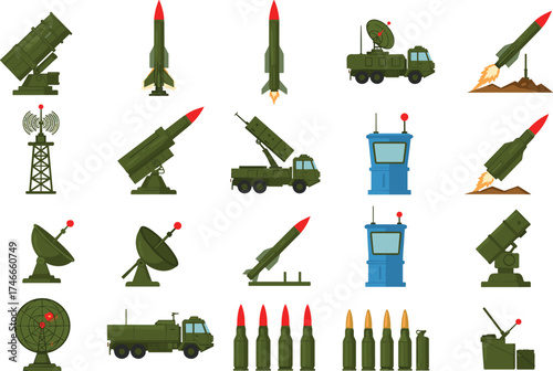 Military illustrations, missile launchers, radar systems, communication equipment, satellite dishes, control panels, defense technology, warfare icons, 
