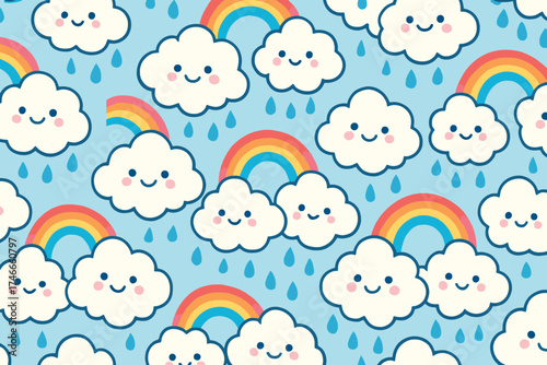 Seamless pattern of cute smiling clouds and rainbows with falling raindrops on a blue background