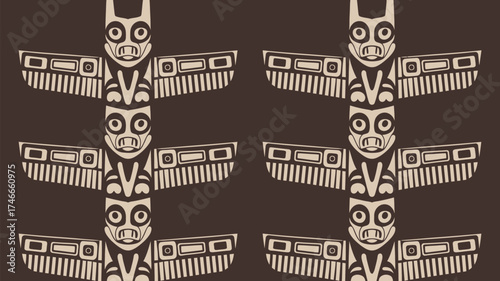 Authentic Native American totem poles artfully arranged in seamless pattern design offering cultural heritage and artistic expression for your project